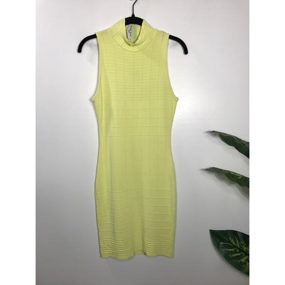 Vintage Liliane Romi Zelda Dress Bodycon Lemon Yellow Ribbed Knit Midi Spring - Picture 1 of 9